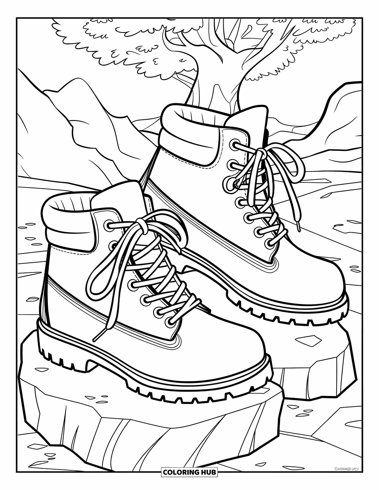 Boots Coloring Page for Kids: Hiking boots on rocky terrain with a large tree in the background