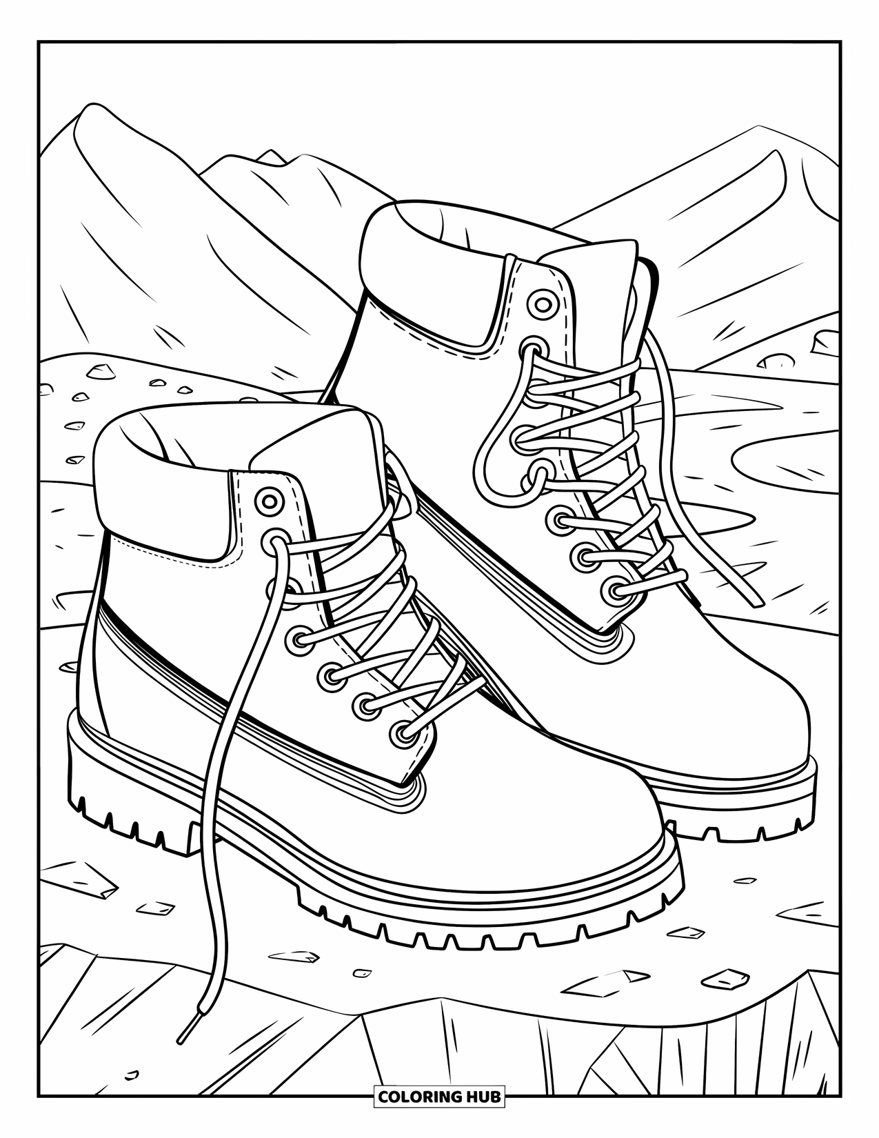 Boots Coloring Page for Kids: Hiking boots with padded ankles, crisscross laces, and thick soles on rocks
