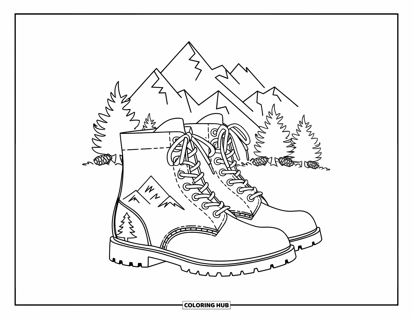 Boots Coloring Page for Kids: Lace-up boots with engraved mountain and pine tree beside a scenic range