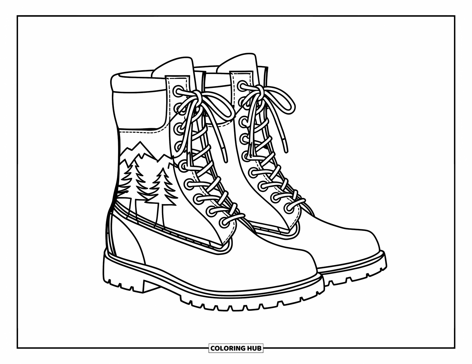 Boots Coloring Page for Kids: Lace-up boots with engraved mountain and pine tree designs