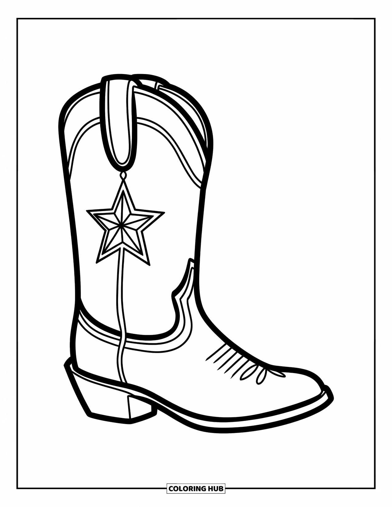 Boots Coloring Page for Kids: Mid-calf cowboy boot with rounded toe and star emblem outline