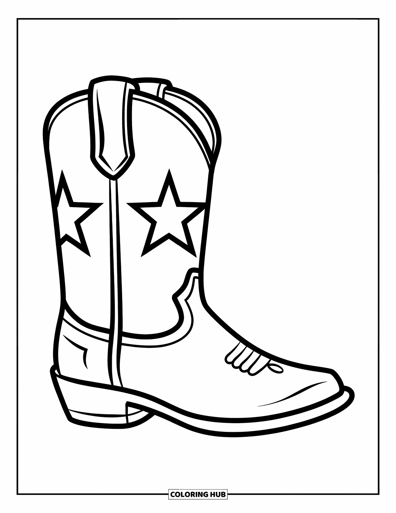 Boots Coloring Page for Kids: Mid-calf cowboy boot with star emblem and smooth shaft