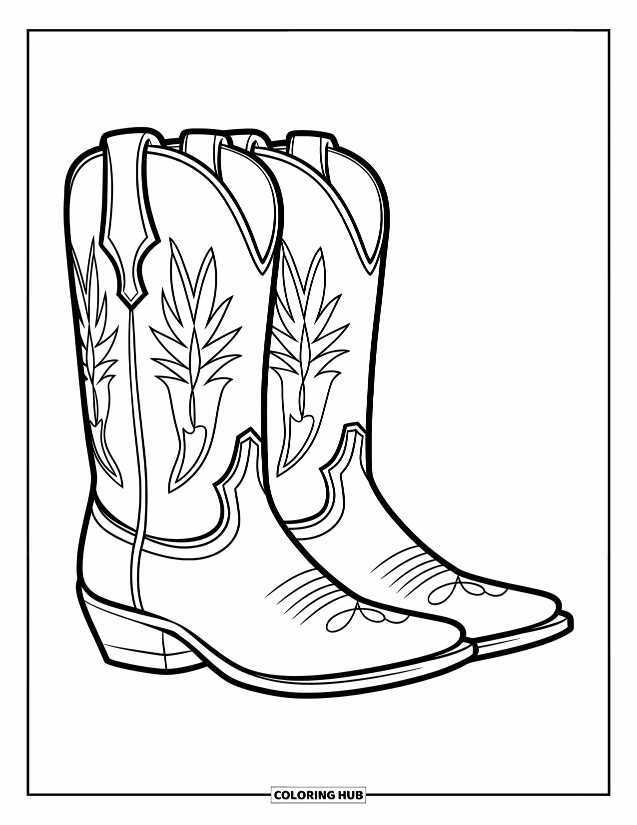Boots Coloring Page for Kids: Mid-height cowboy boots with floral designs and clean outlines