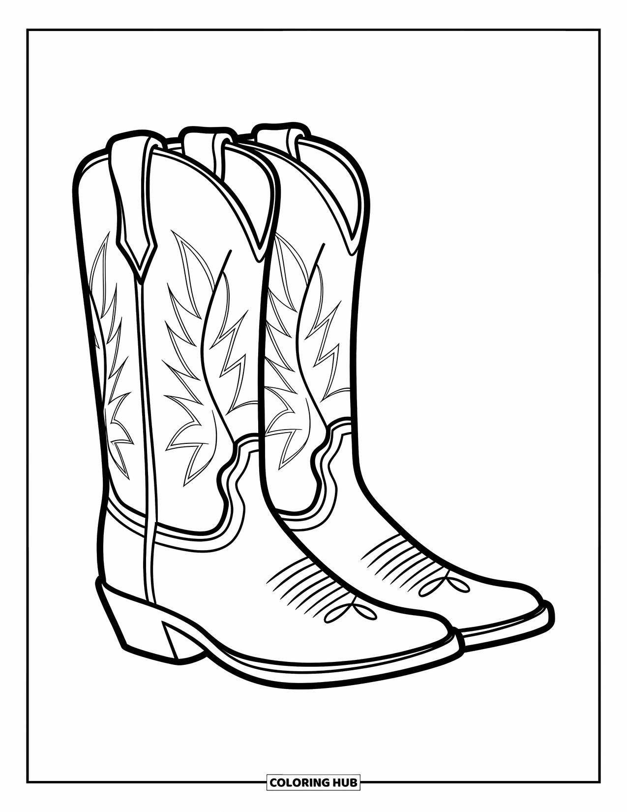 Boots Coloring Page for Kids: Mid-height cowboy boots with floral patterns and pointed toes