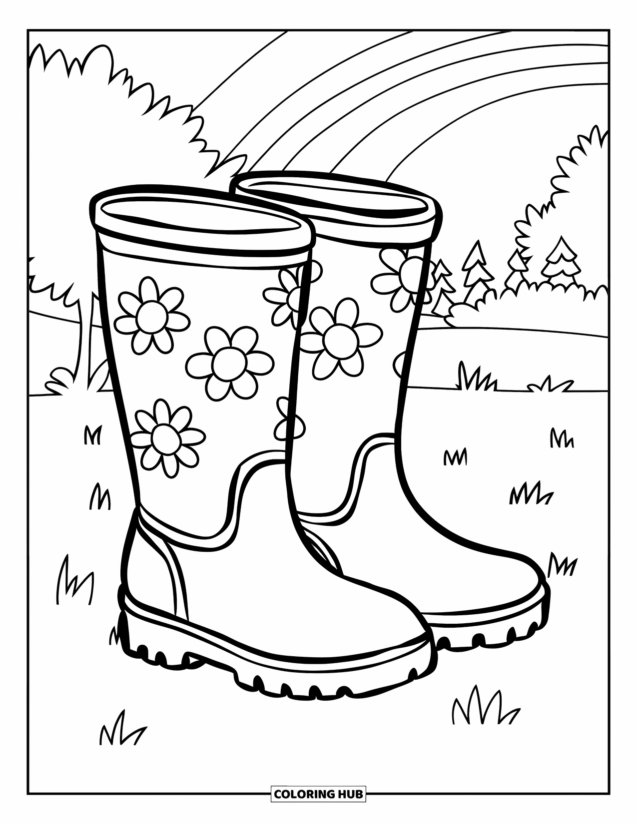 Boots Coloring Page for Kids: Rain boots with flowers, grassy field, and rainbow