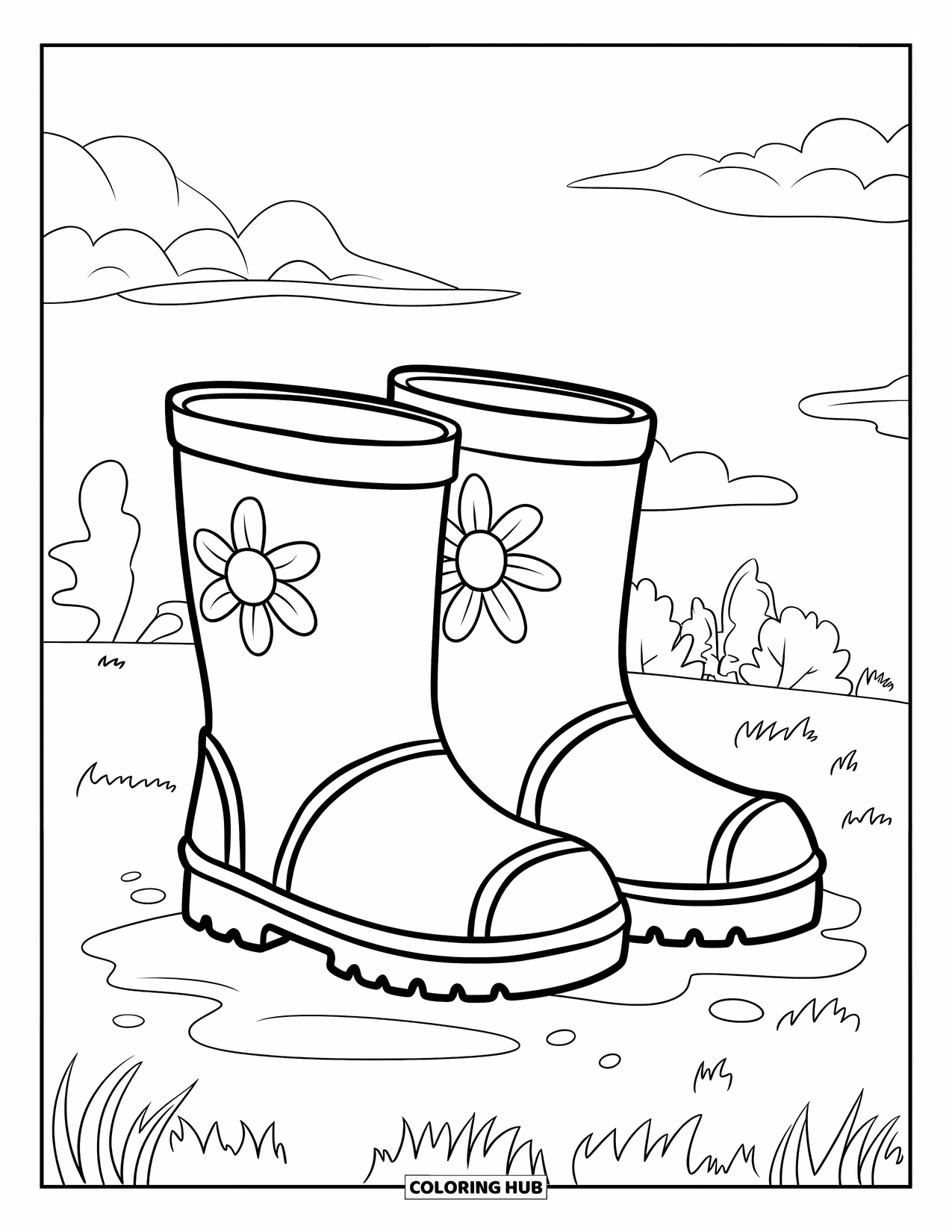 Boots Coloring Page for Kids: Rain boots with flowers on wet grass under cloudy skies