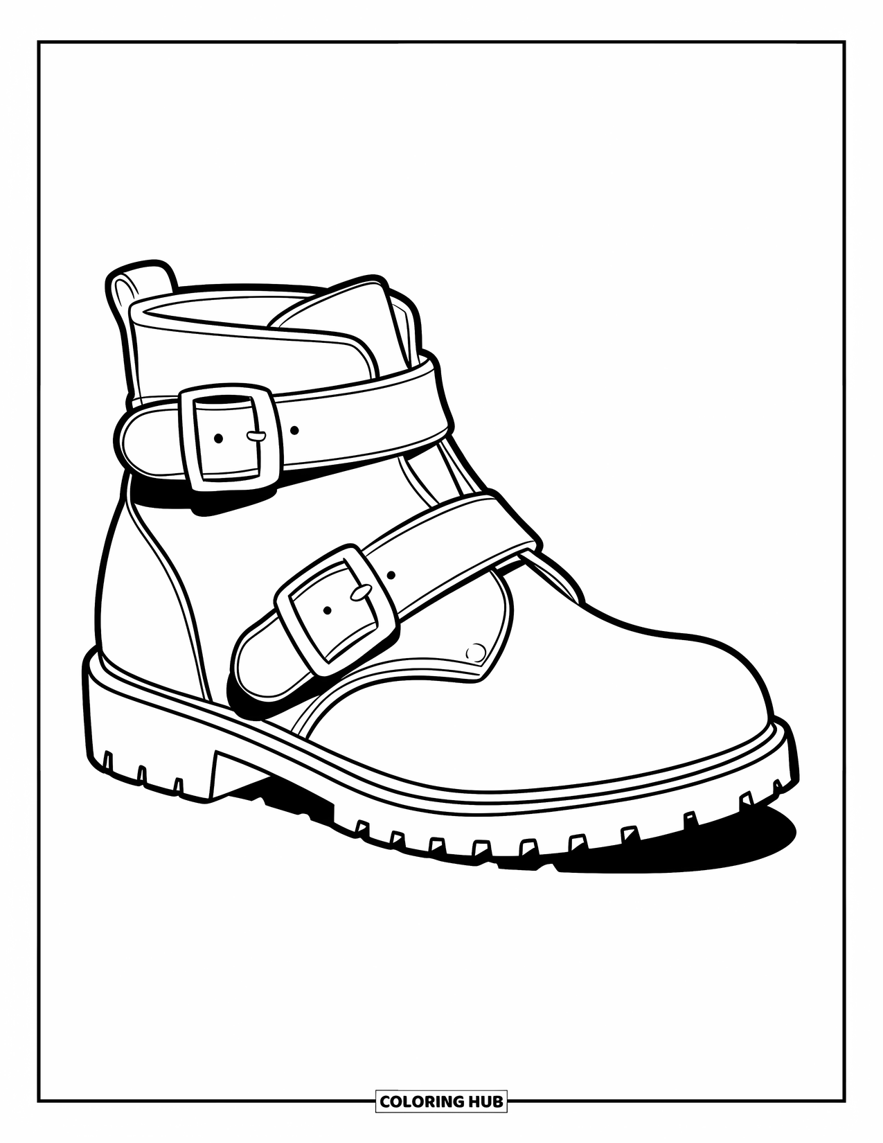 Boots Coloring Page for Kids: Short ankle boot with buckles, playful and simple for preschoolers