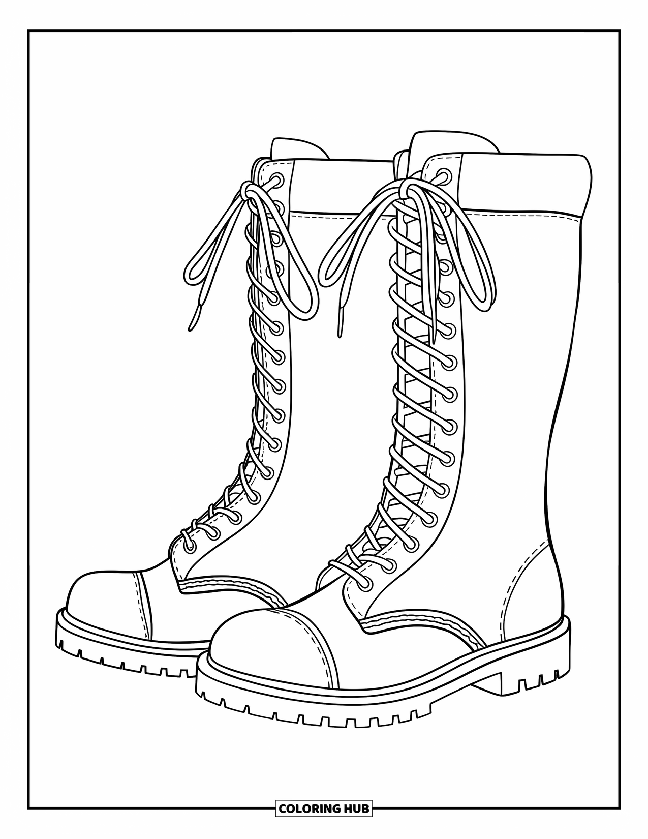 Boots Coloring Page for Kids: Side-view of tall combat boots with reinforced toes and textured soles
