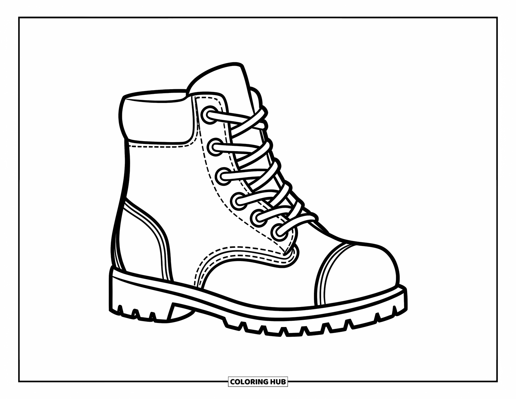 Boots Coloring Page for Kids: Single hiking boot with wide laces and smooth toe cap
