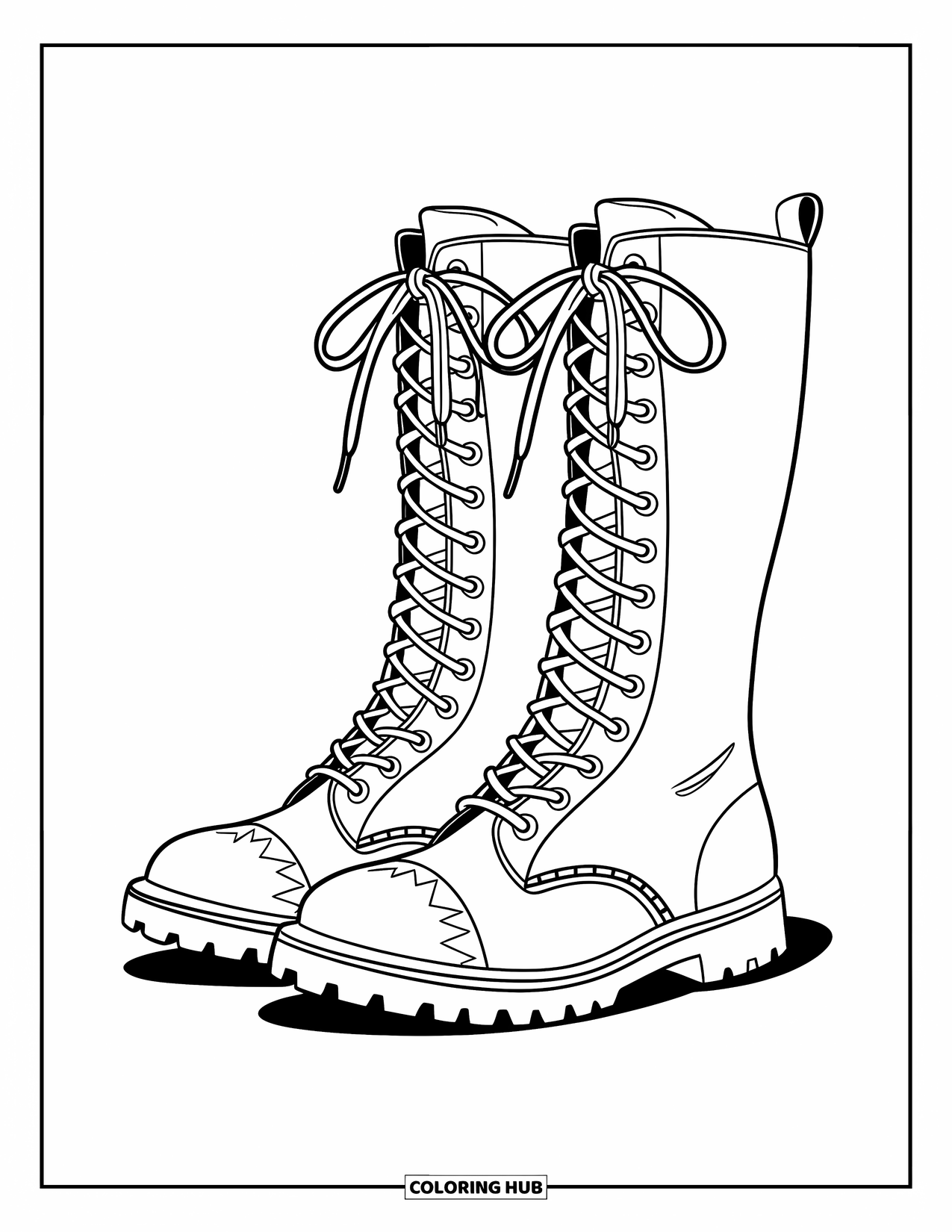 Boots Coloring Page for Kids: Tall combat boots with high laces, reinforced toes, and textured soles