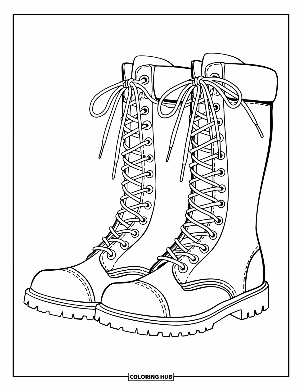Boots Coloring Page for Kids: Tall combat boots with reinforced toes and bold, clean outlines