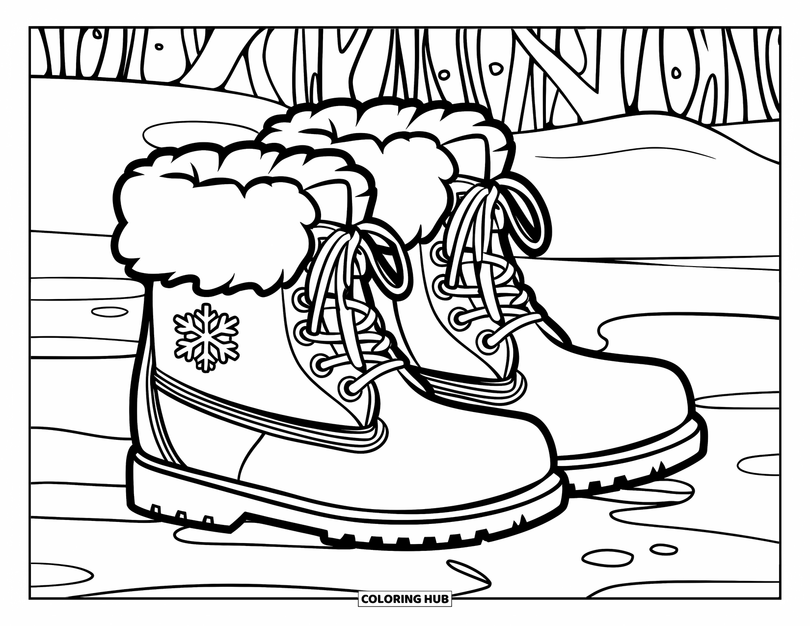 Boots Coloring Page for Kids: Winter boots with fluffy cuffs and snowflake designs on snowy ground