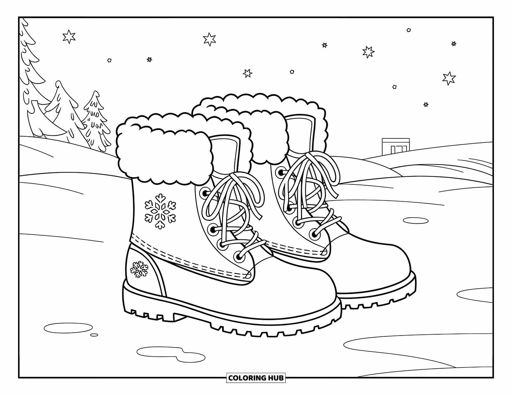 Boots Coloring Page for Kids: Winter boots with snowflakes in a snowy scene under a starry sky
