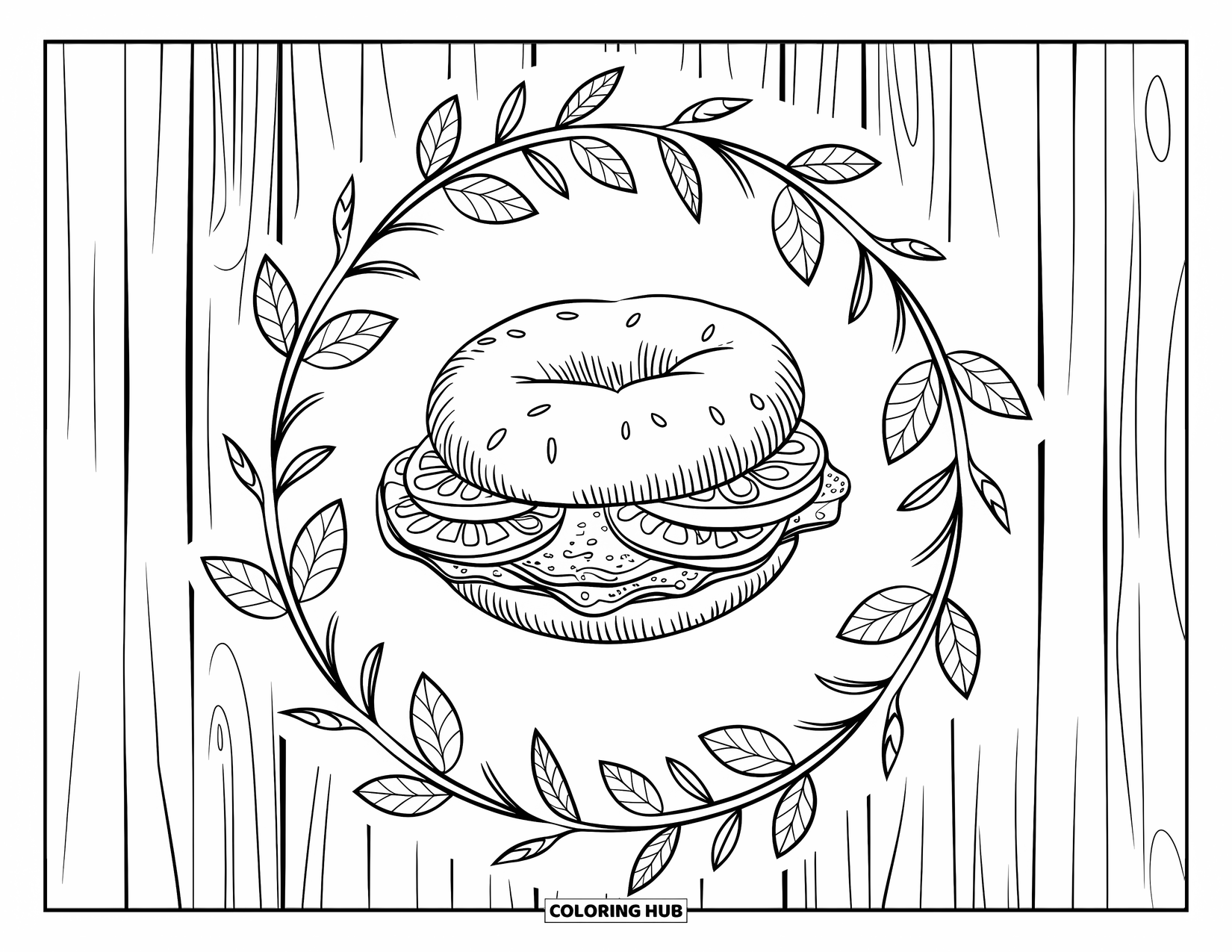 Breakfast Coloring Page for Adults: A bagel sandwich with cream cheese, tomato, and cucumber with floral vines