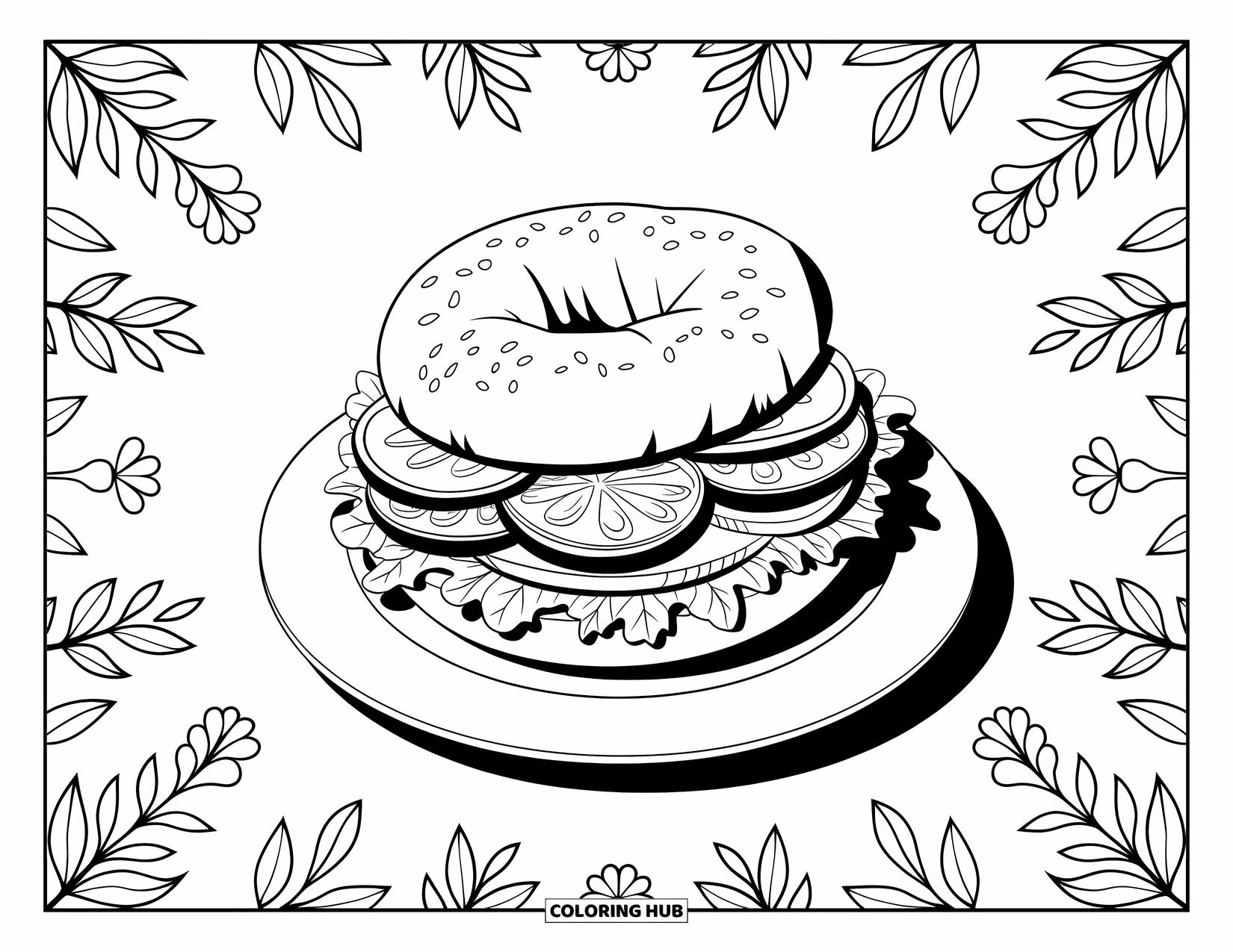 Breakfast Coloring Page for Adults: A bagel sandwich with toppings surrounded by floral flourishes