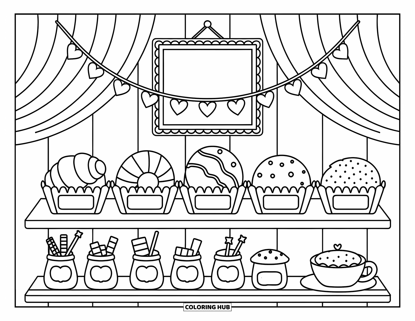 Breakfast Coloring Page for Adults: A bakery shelf with pastries, sugar jars, and a heart garland