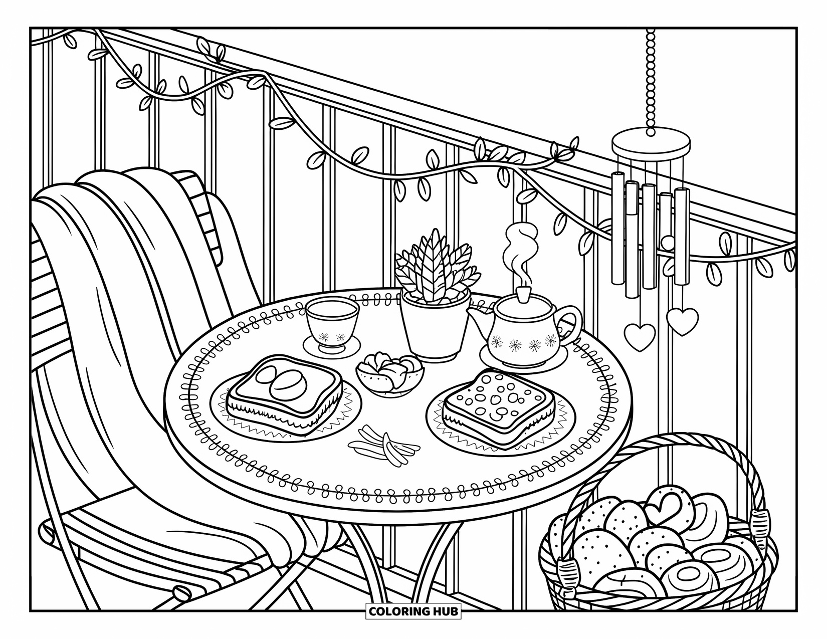 Breakfast Coloring Page for Adults: A balcony table with tea, toast, pastries, and a blanket