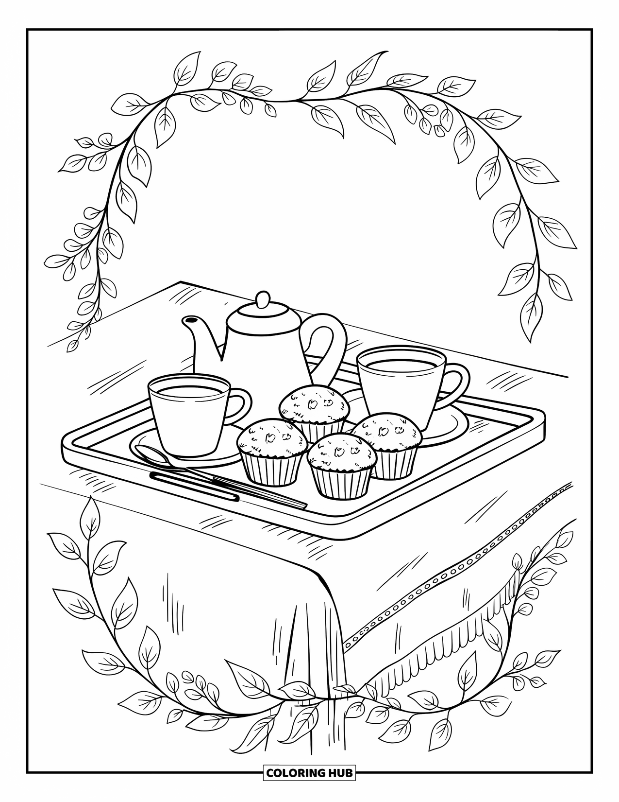 Breakfast Coloring Page for Adults: A breakfast tray with tea and muffins framed by plant motifs