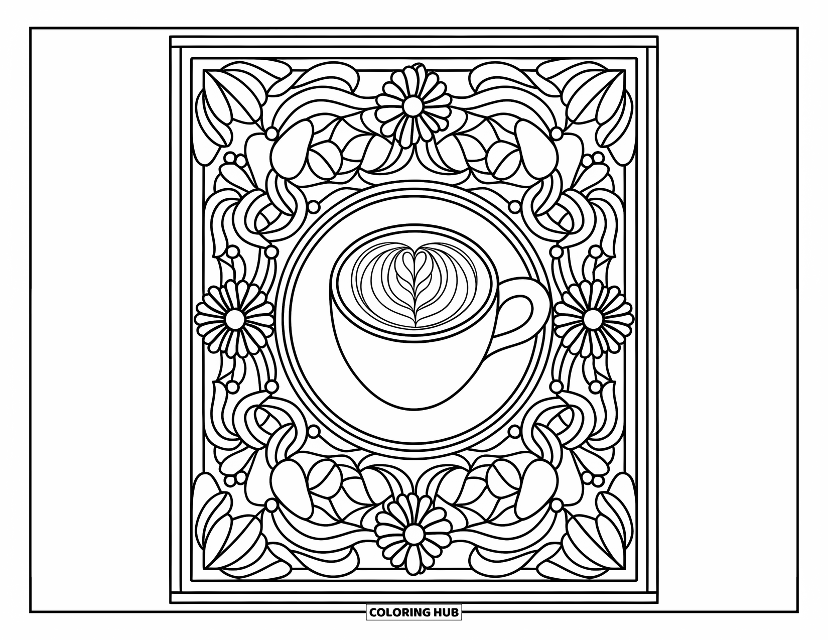 Breakfast Coloring Page for Adults: A cappuccino cup surrounded by a floral stained glass frame