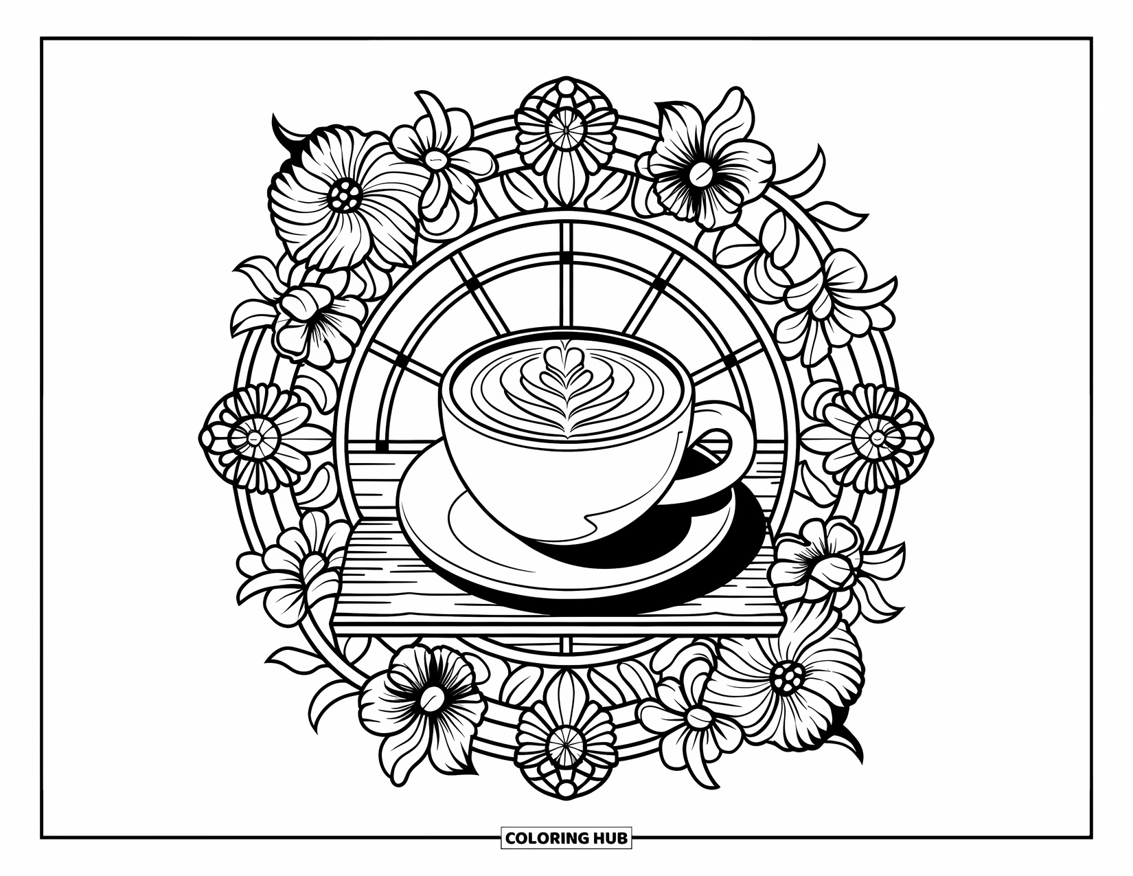 Breakfast Coloring Page for Adults: A cappuccino on a saucer within a floral stained glass frame