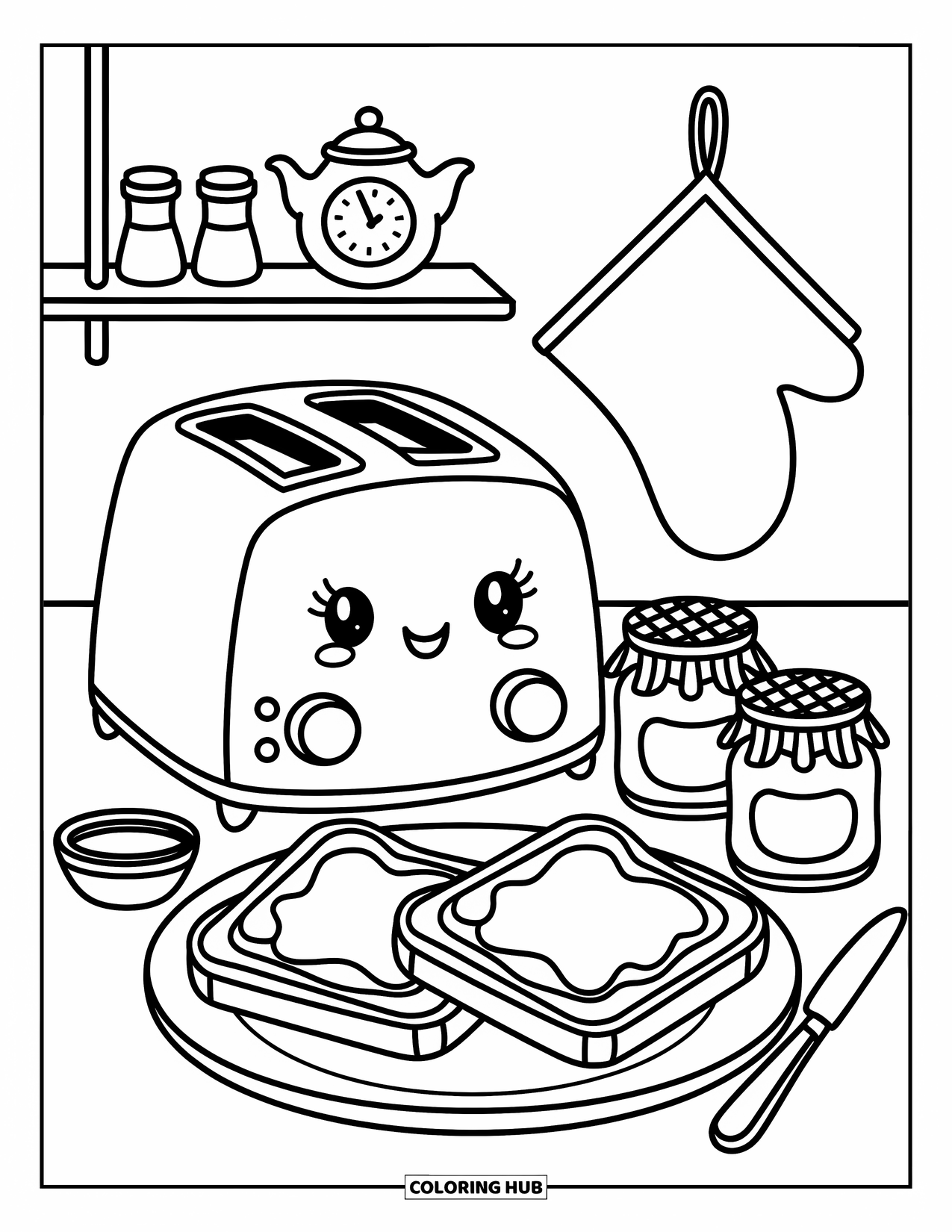 Breakfast Coloring Page for Adults: A cheerful kitchen counter with toaster, toast, jam, and a teapot clock