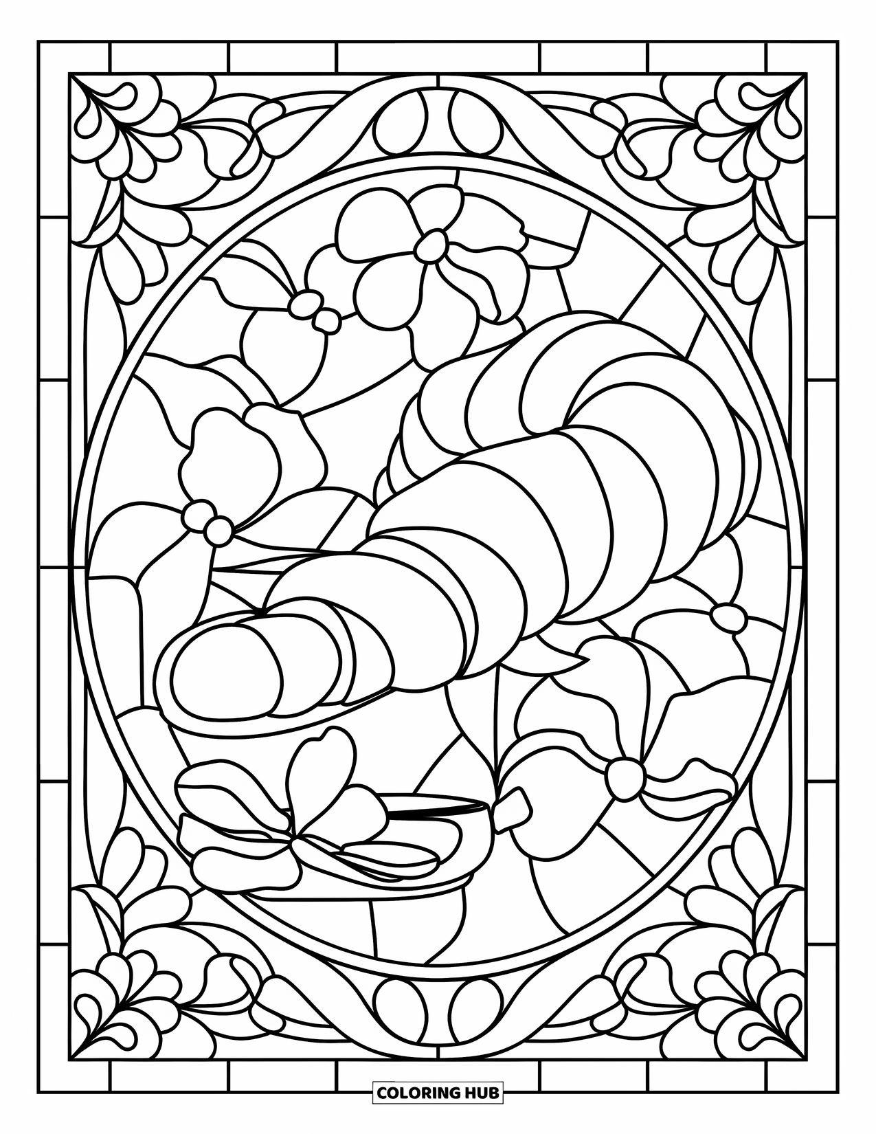 Breakfast Coloring Page for Adults: A croissant and coffee cup inside a floral stained glass frame