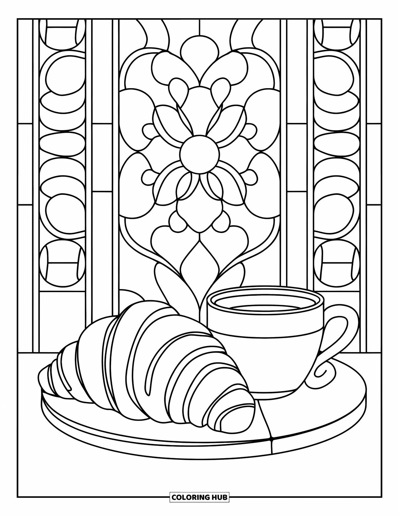 Breakfast Coloring Page for Adults: A croissant and coffee cup on a board with stained glass background