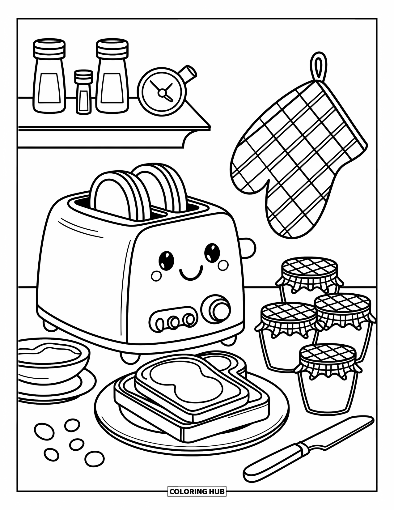Breakfast Coloring Page for Adults: A kitchen counter with toaster, toast, jars, and a hanging oven mitt