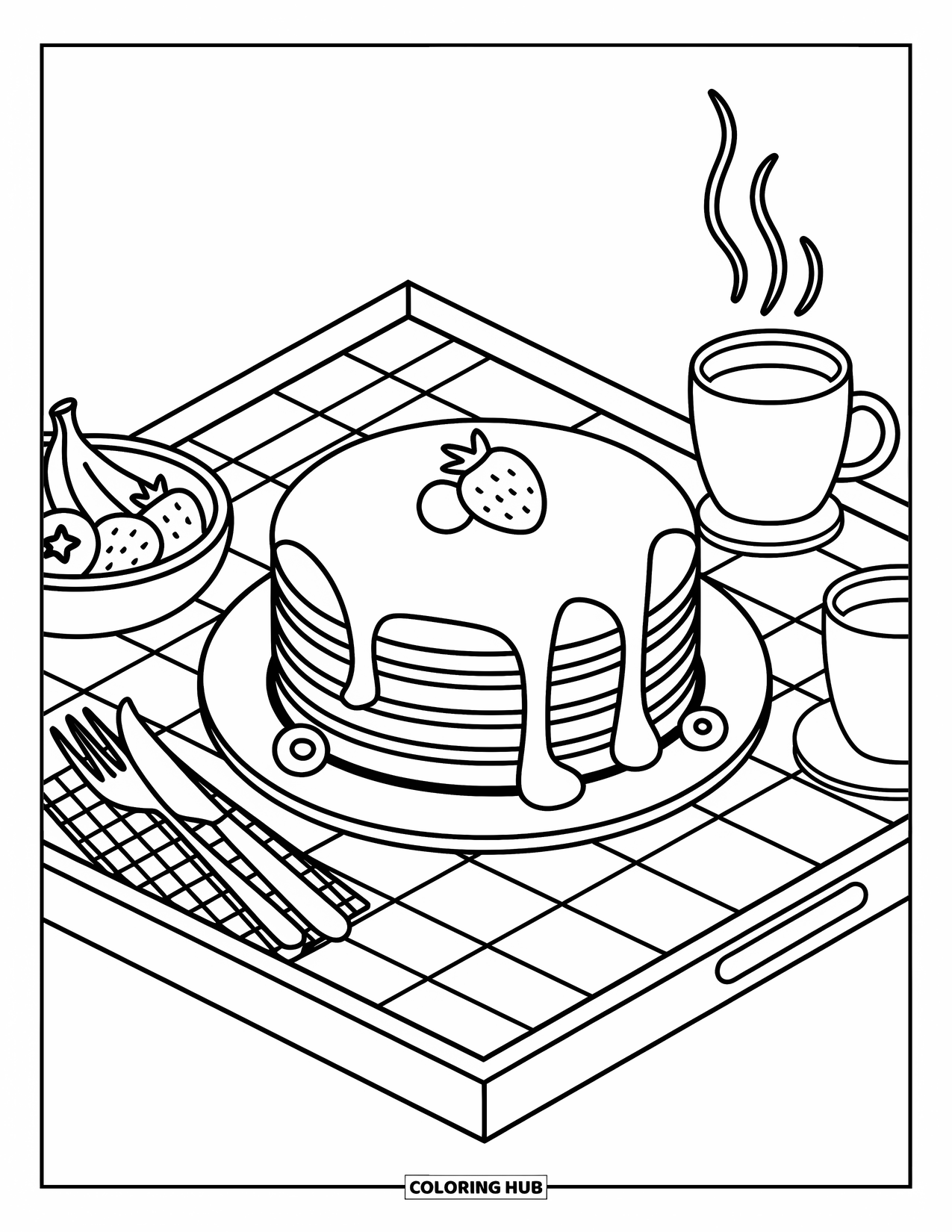 Breakfast Coloring Page for Adults: A pancake stack with fruit, syrup, and tea on a blanket