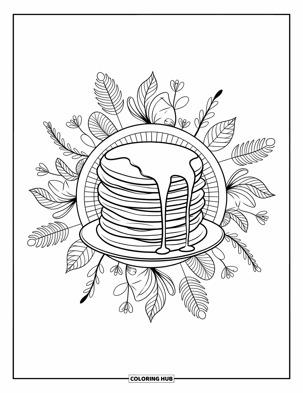 Breakfast Coloring Page for Adults: A pancake stack with syrup surrounded by leaves and flowers