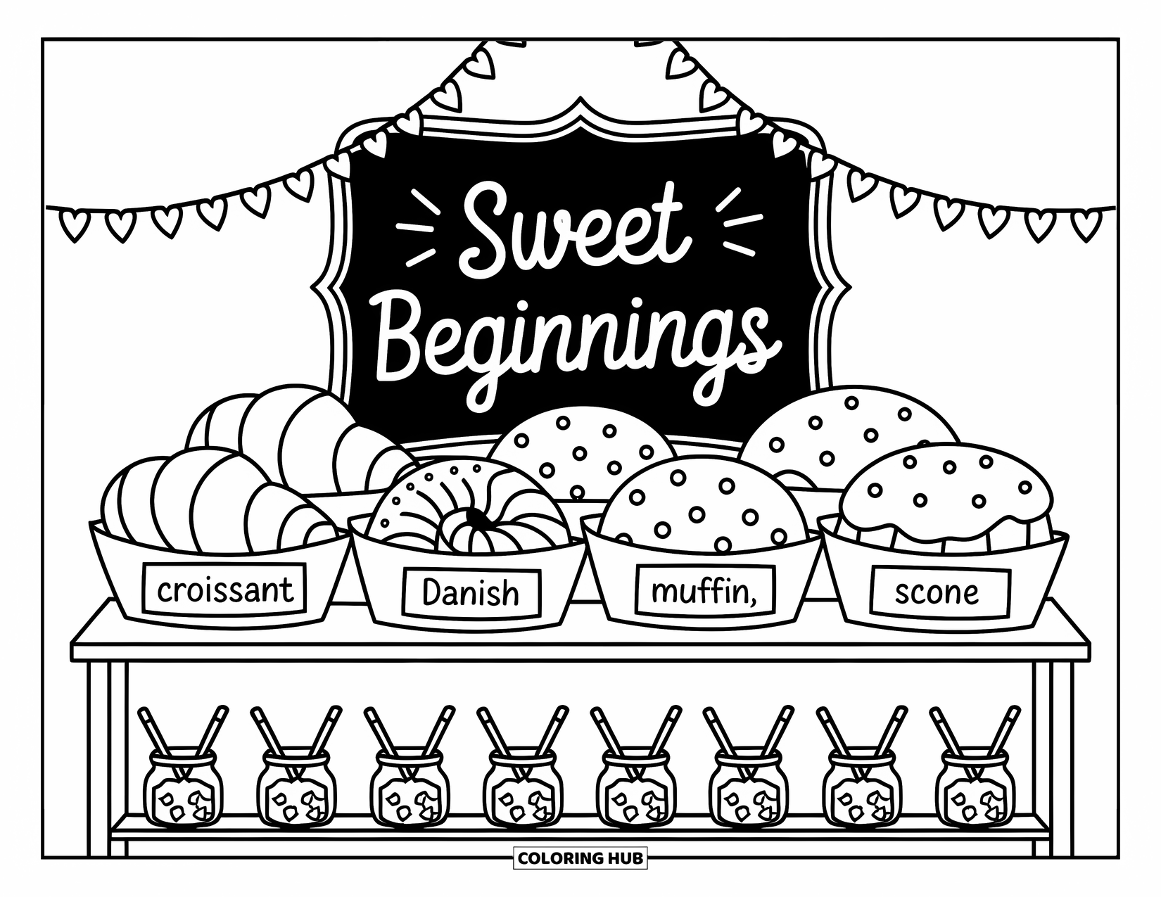 Breakfast Coloring Page for Adults: A pastry shelf with labeled treats, jars, and a "Sweet Beginnings" sign