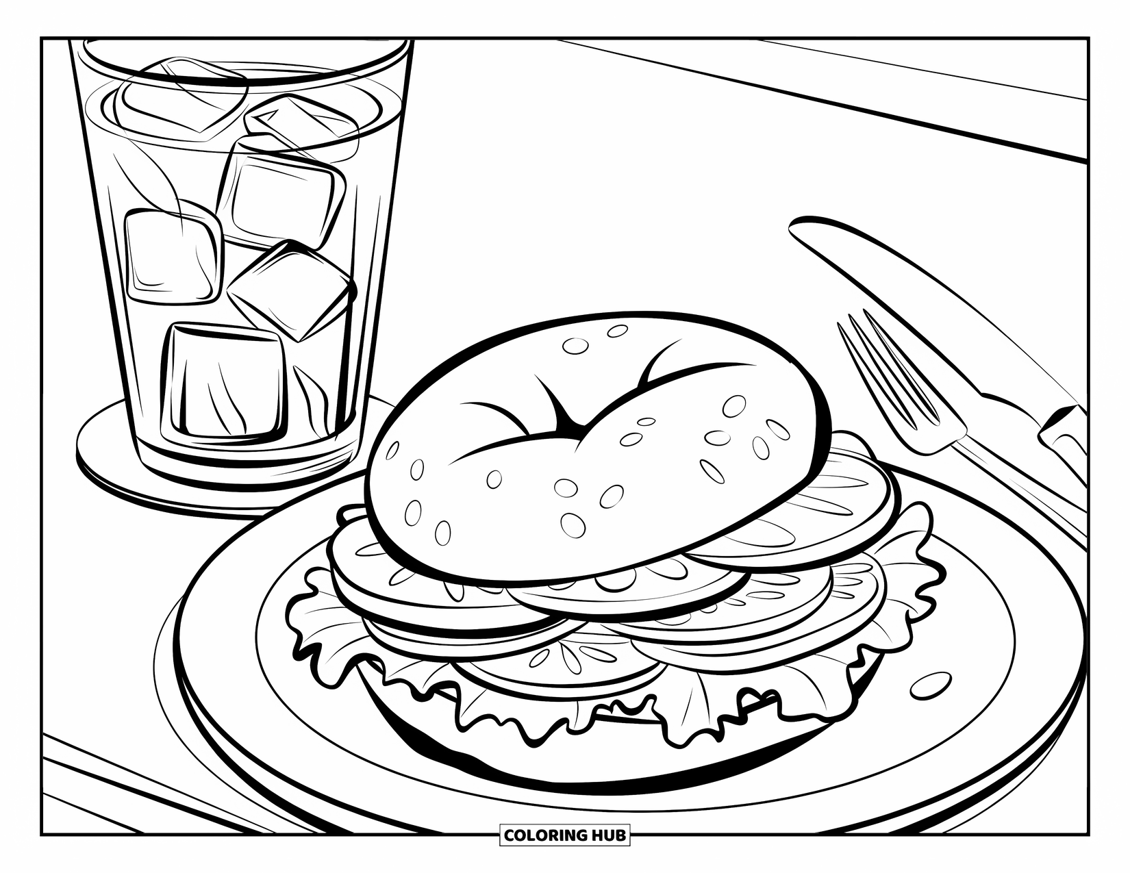 Breakfast Coloring Page for Kids: A bagel sandwich with iced tea, knife, and fork on a plate