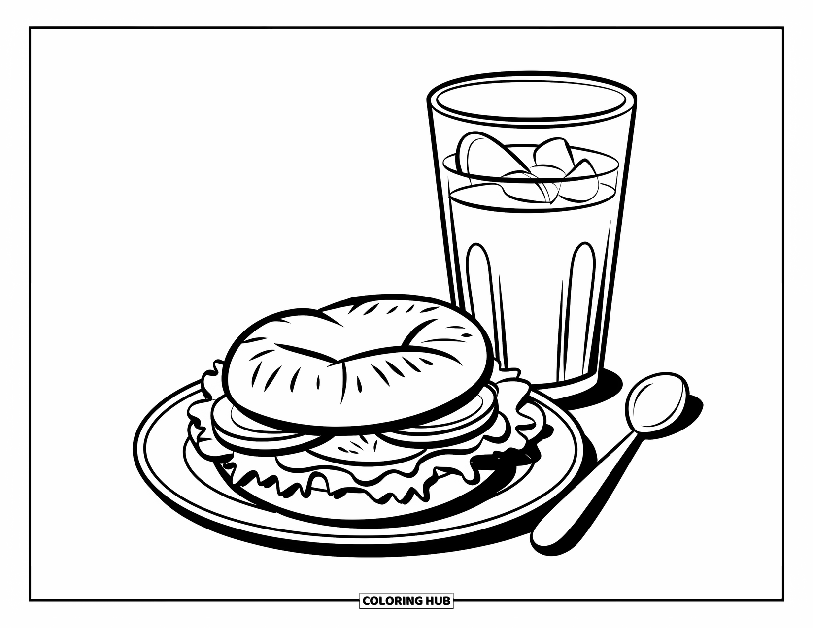 Breakfast Coloring Page for Kids: A bagel sandwich with lettuce, tomato, egg, and iced tea
