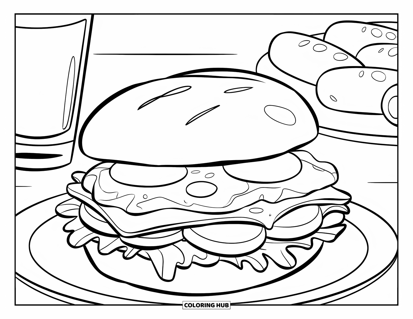 Breakfast Coloring Page for Kids: A breakfast sandwich with egg, cheese, sausage, and orange juice