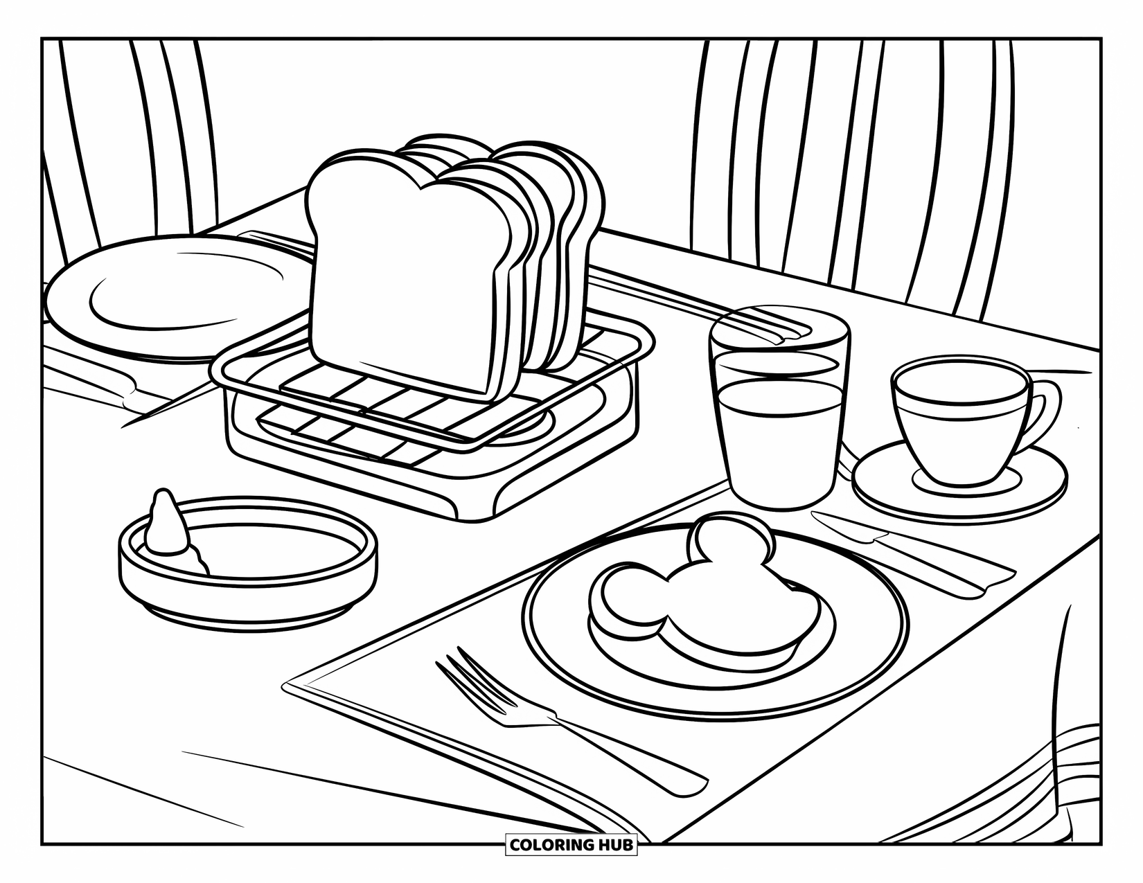 Breakfast Coloring Page for Kids: A breakfast table with Mickey toast, butter, and tea