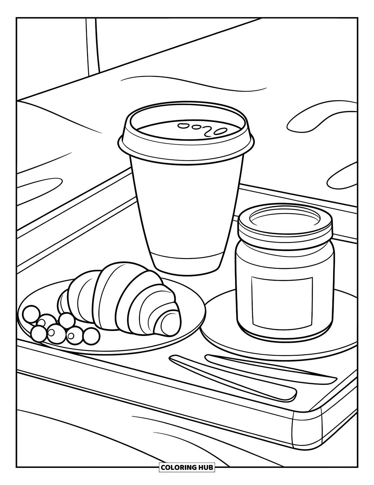 Breakfast Coloring Page for Kids: A breakfast tray with coffee, croissant, jam, and berries
