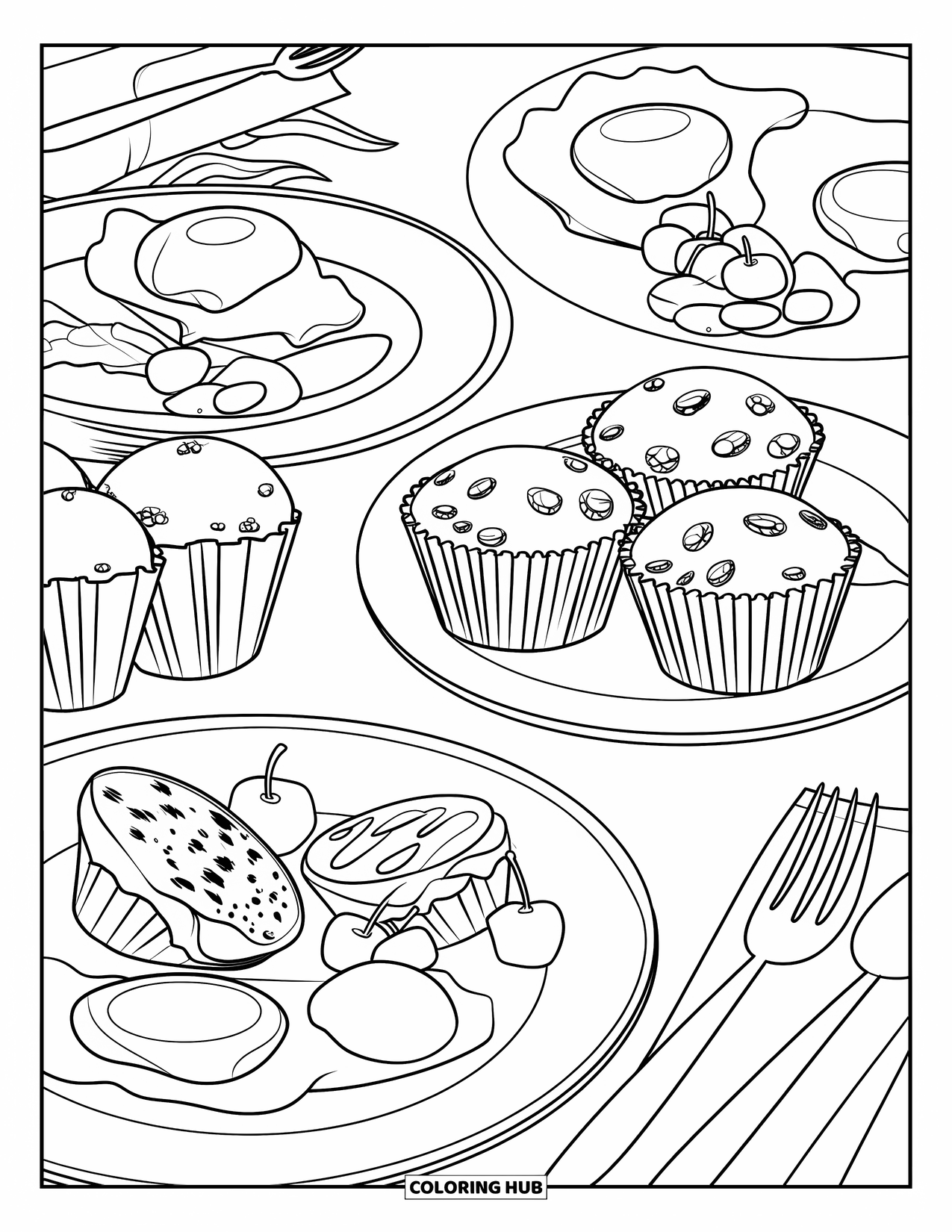 Breakfast Coloring Page for Kids: A brunch spread with eggs, muffins, fruit, and utensils