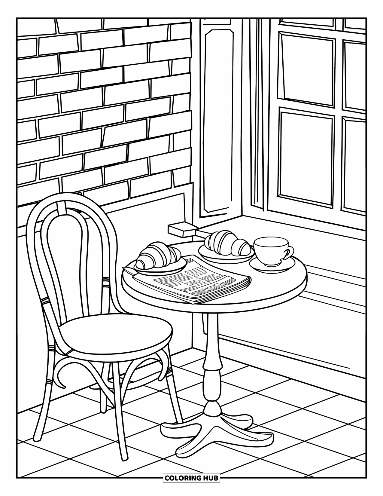 Breakfast Coloring Page for Kids: A café table with croissants, tea, and a folded newspaper