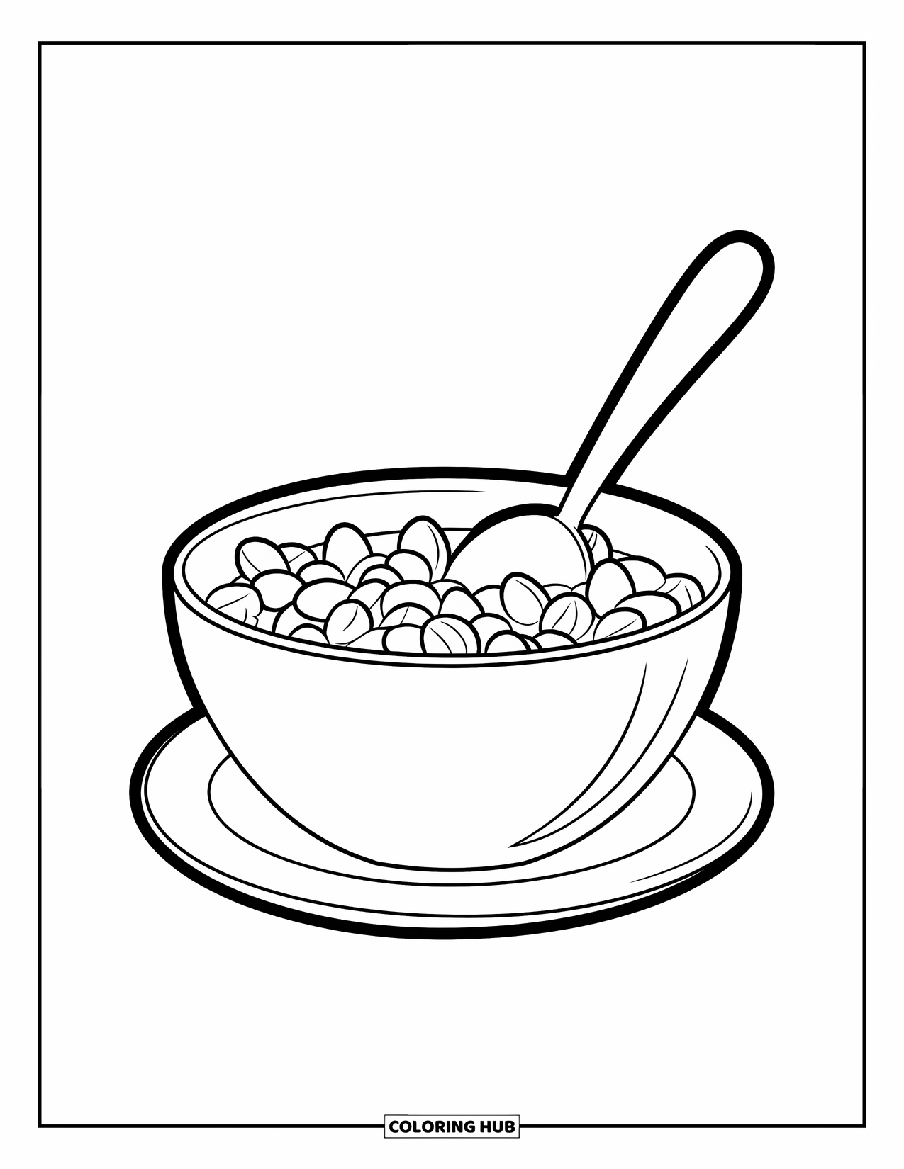 Breakfast Coloring Page for Kids: A cereal bowl with spoon sticking out