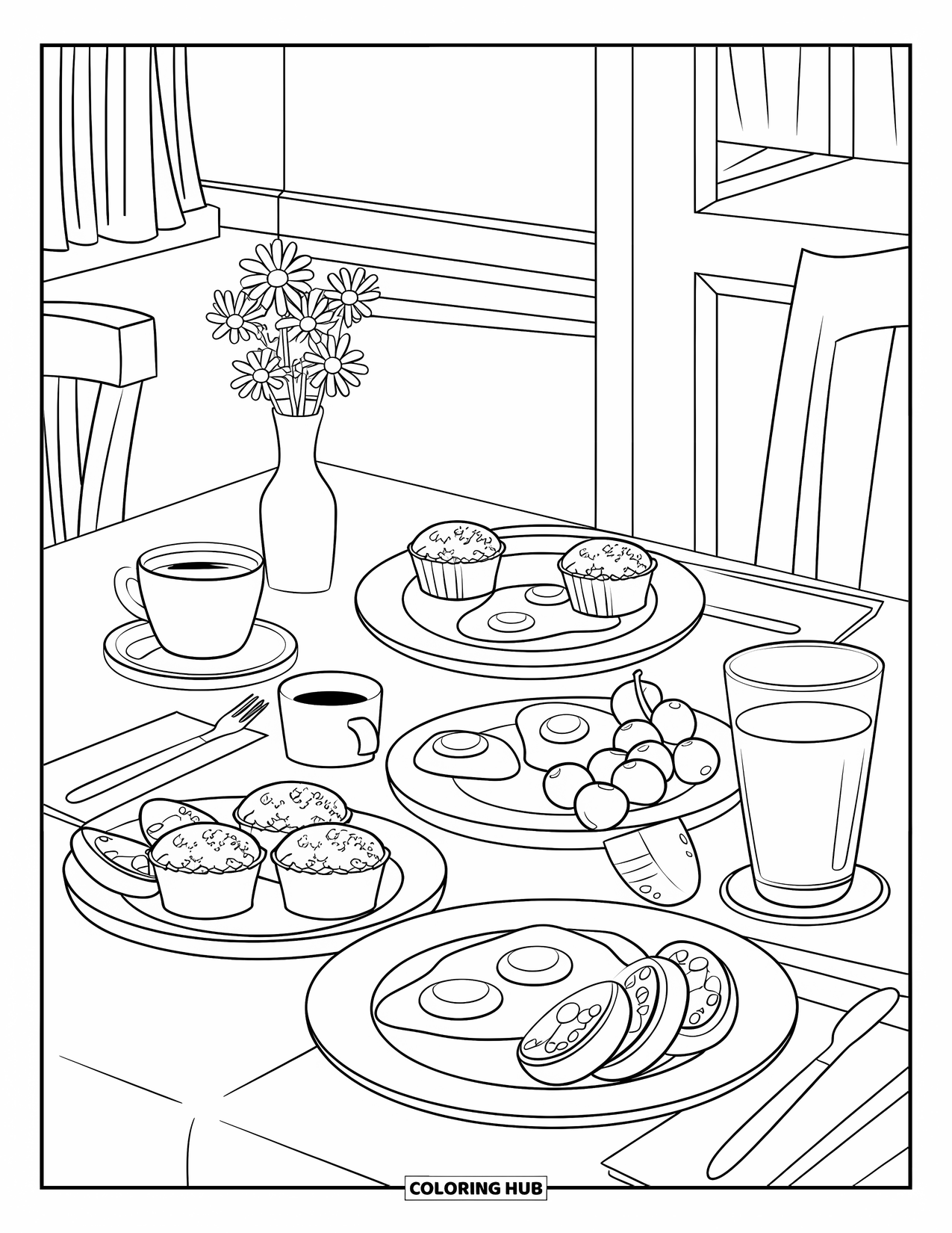 Breakfast Coloring Page for Kids: A cozy brunch with eggs, muffins, fruit, coffee, and juice