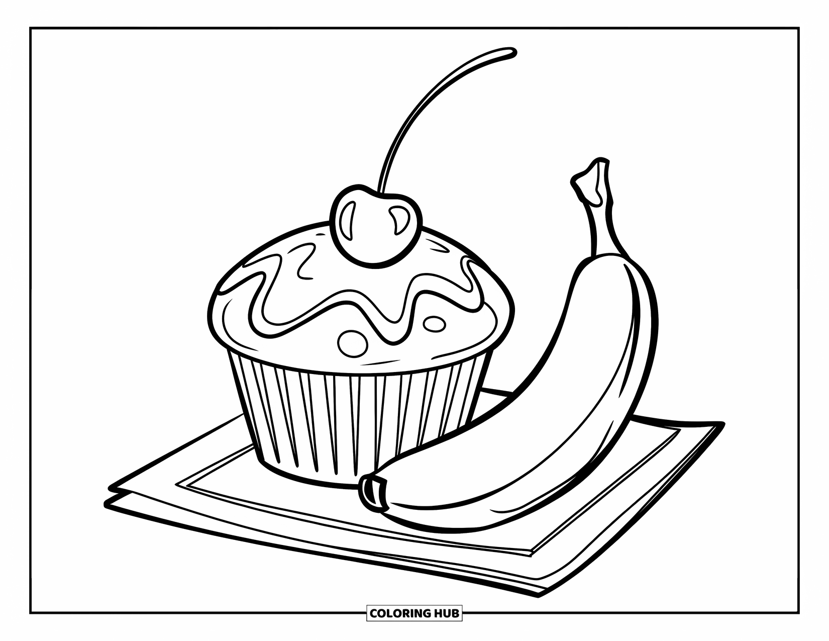 Breakfast Coloring Page for Kids: A muffin with cherry and banana resting on a napkin