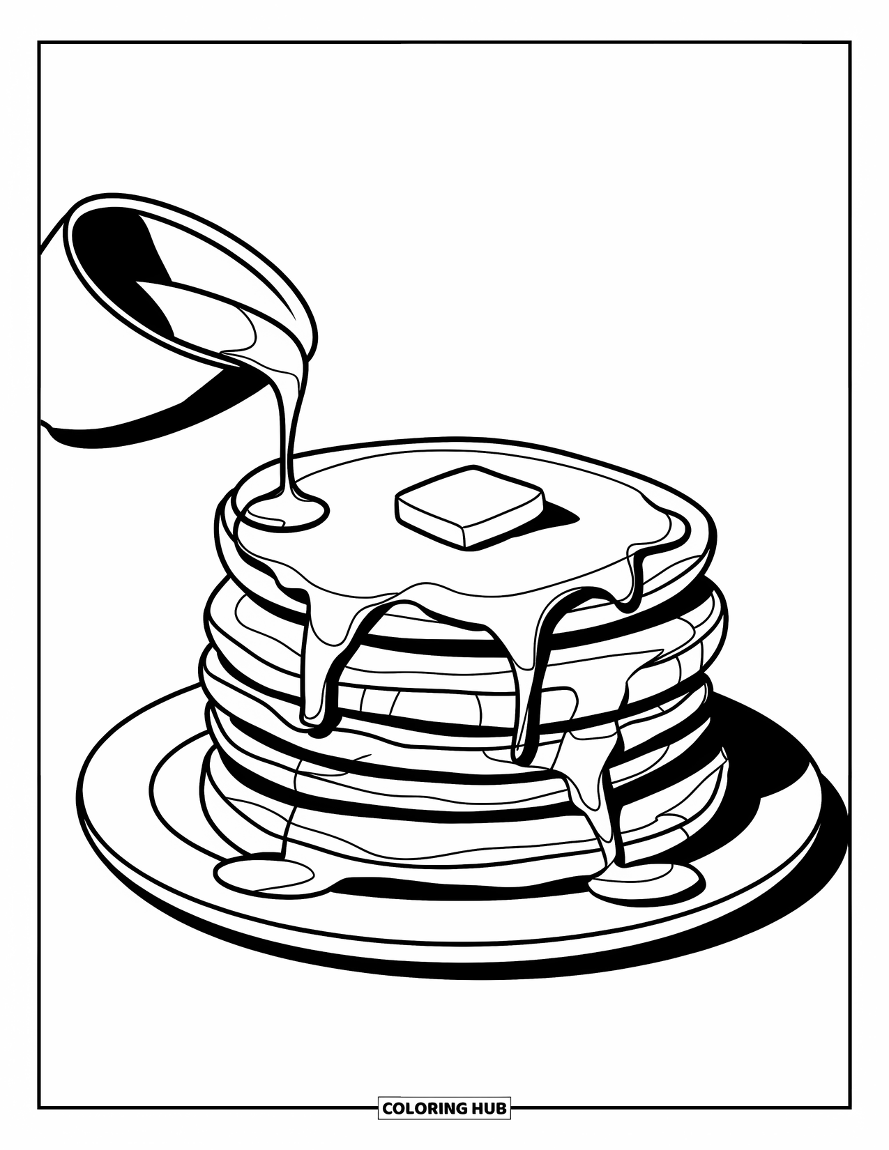 Breakfast Coloring Page for Kids: A pancake stack with syrup, butter, and small container