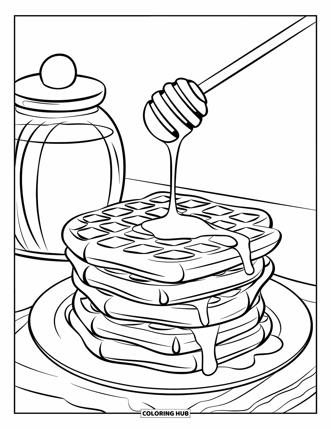 Breakfast Coloring Page for Kids: A plate of waffles with honey dipper dripping over them