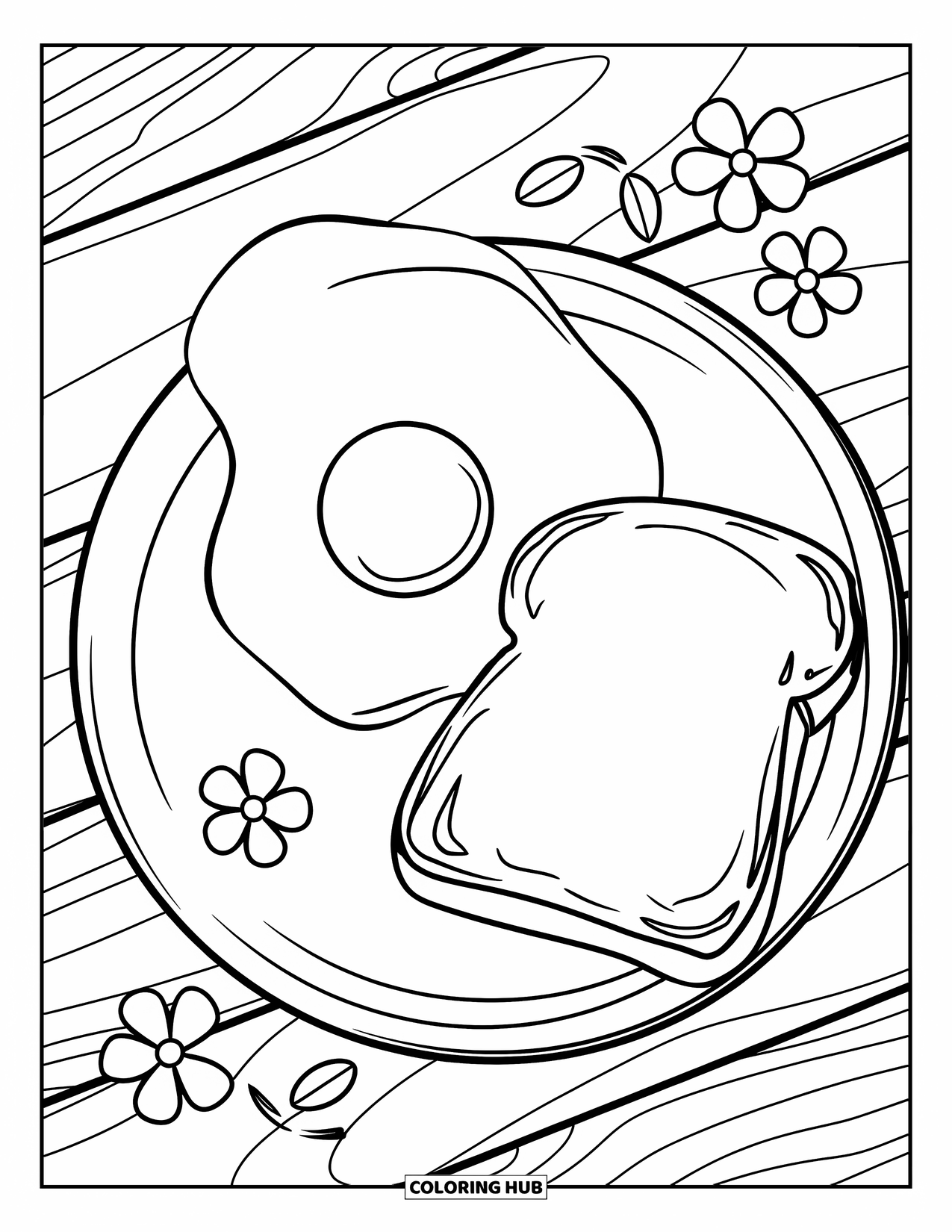 Breakfast Coloring Page for Kids: A plate with egg, toast, and flowers around the plate