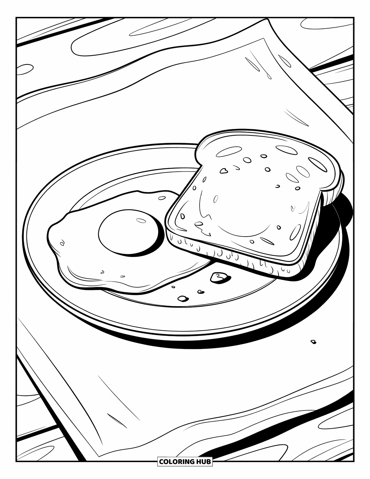 Breakfast Coloring Page for Kids: A plate with sunny-side-up egg and toast slice