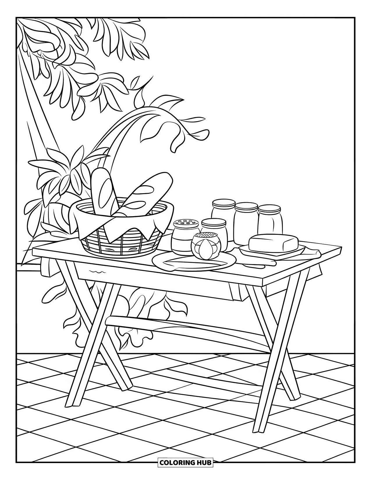 Breakfast Coloring Page for Kids: A rustic table with bread, jam, butter, and a plant