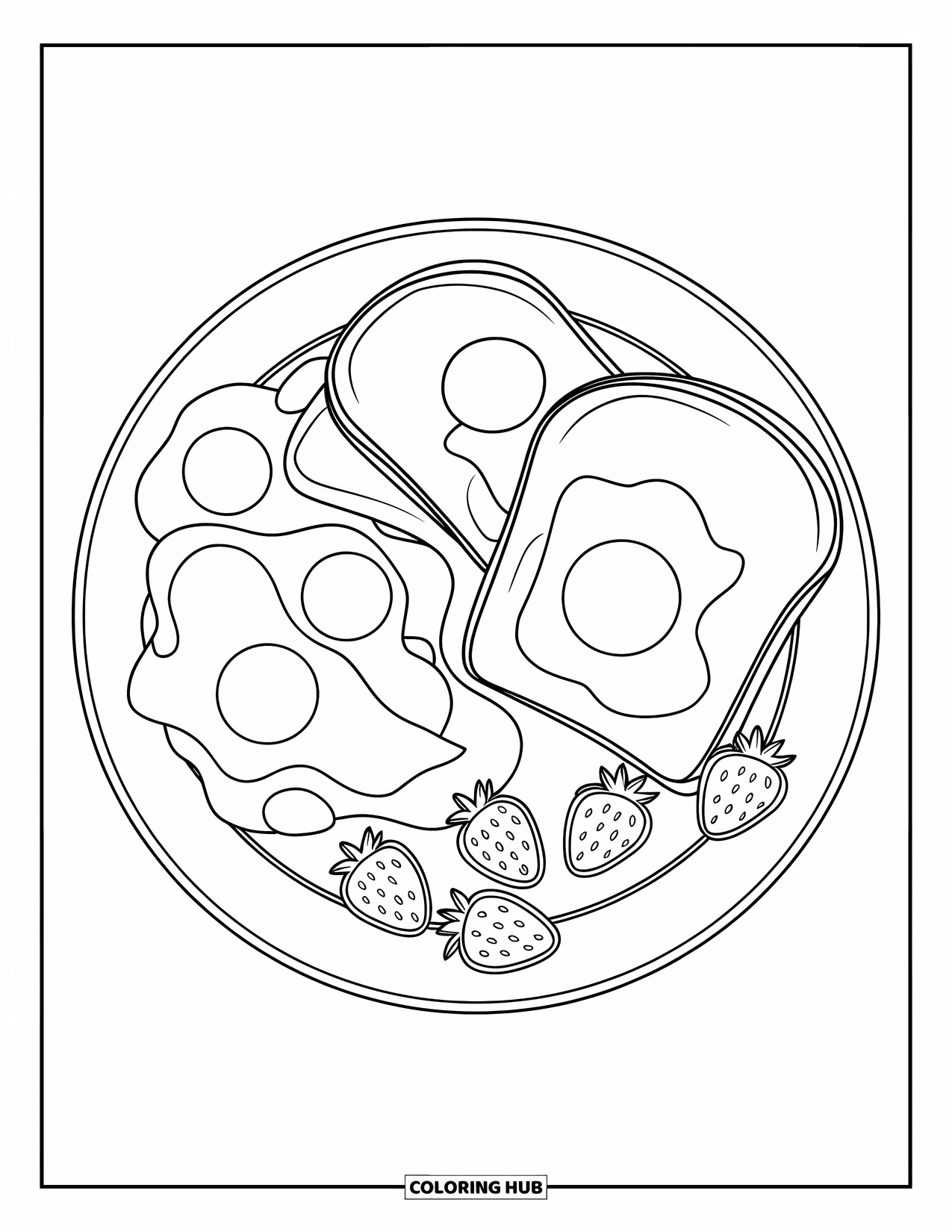 Breakfast Coloring Page for Kids: A simple plate with eggs, toast, and sliced strawberries