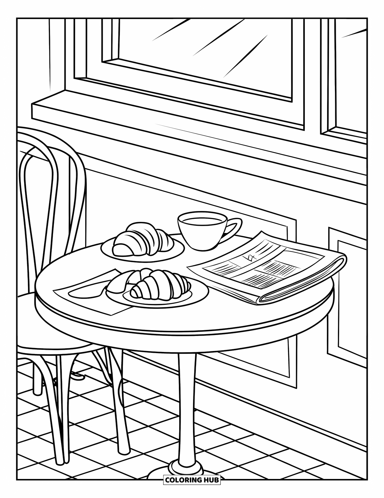 Breakfast Coloring Page for Kids: A table with croissants, tea, newspaper, and a window view