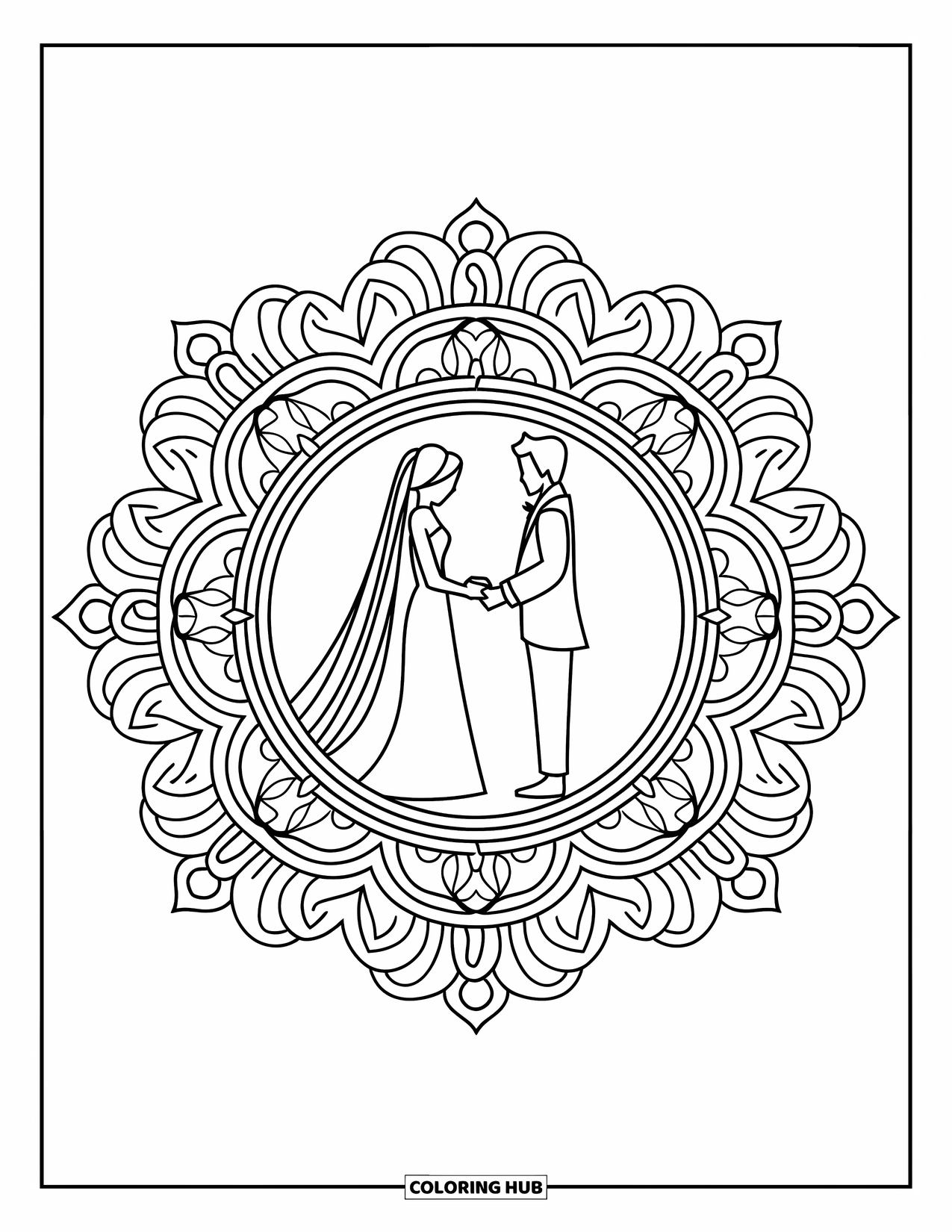 Bride And Groom Coloring Page for Adults: Bride and groom exchanging vows inside an ornate mandala