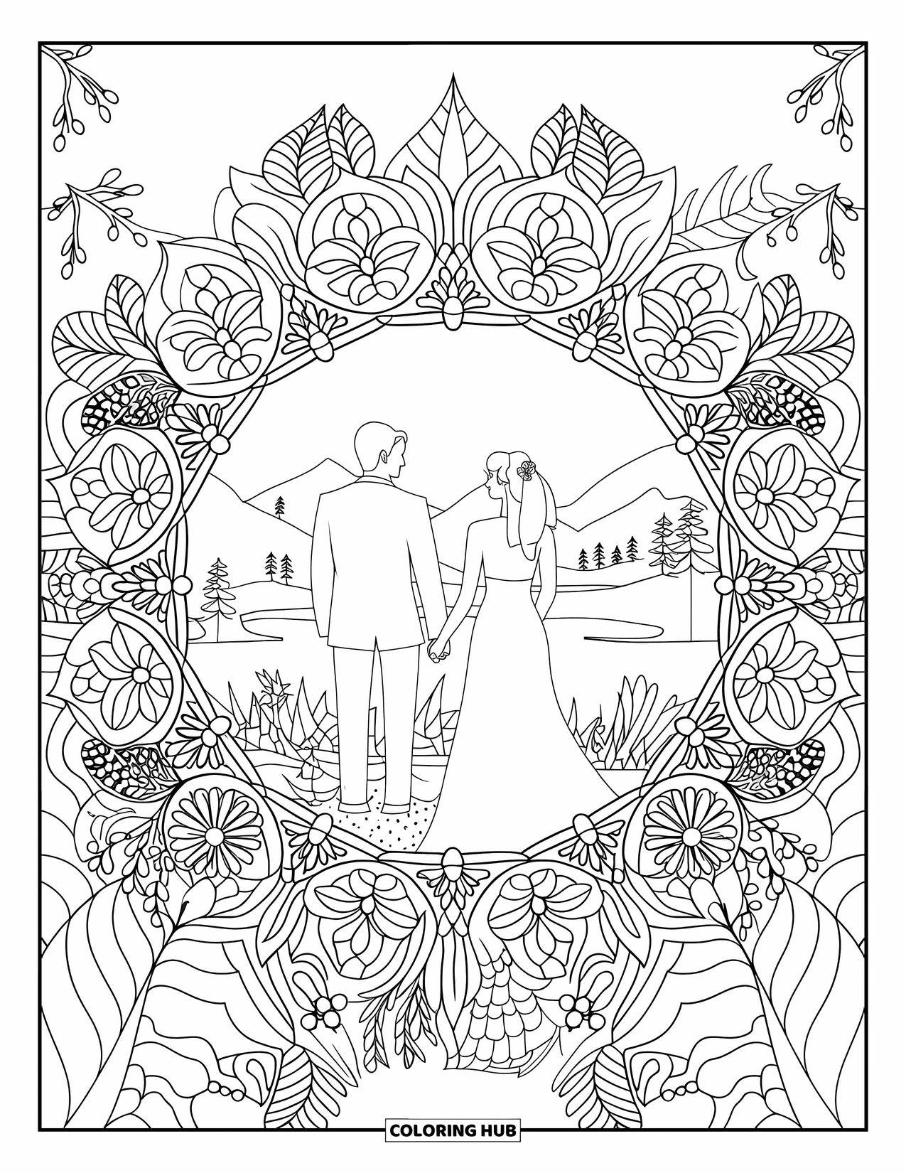 Bride And Groom Coloring Page for Adults: Bride and groom holding hands inside a botanical mandala